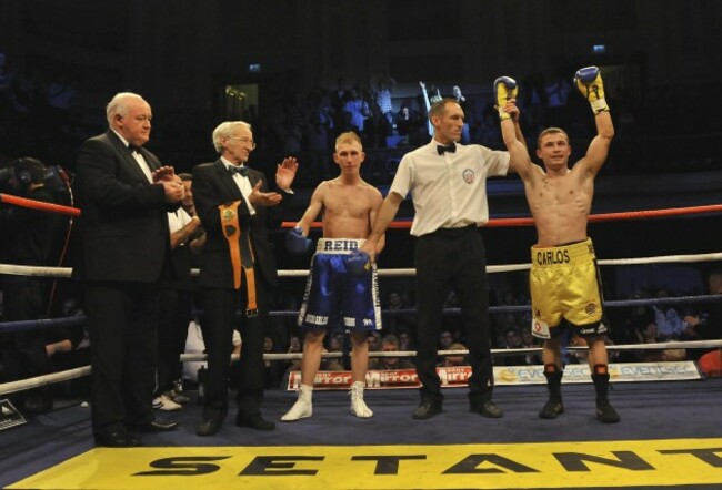Carl Frampton celebrates his victory over Gavin Reid