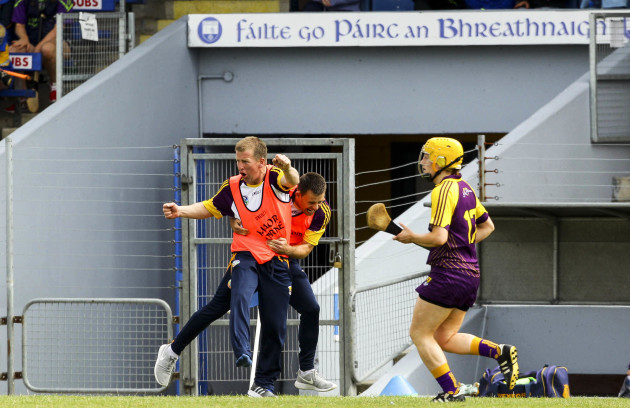 John Kelly and Matty Flynn O'Connor celebrate as Wexford take a last minute lead