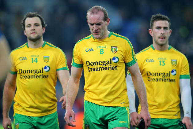 A dejected Michael Murphy, Neil Gallagher and Patrick McBrearty