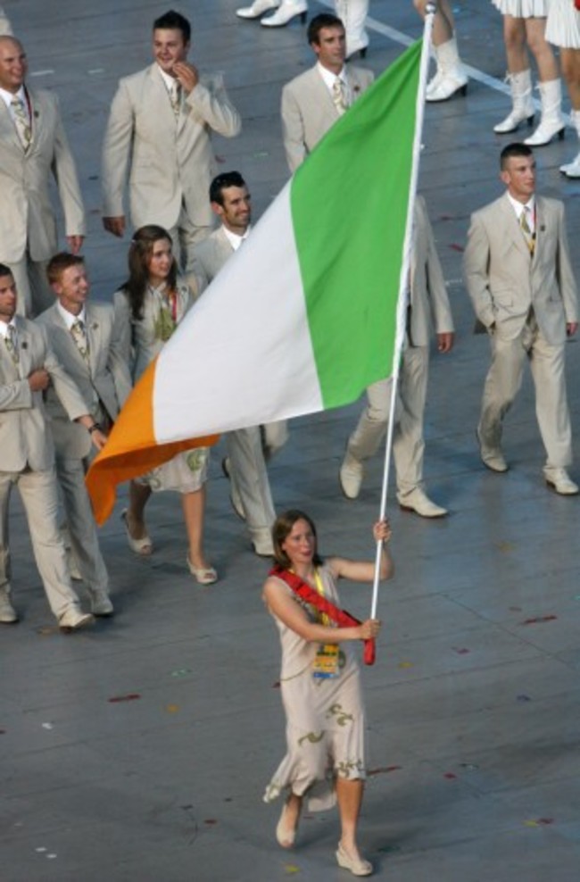 Ciara Peelo leads out the Irish team carrying the Tricolour