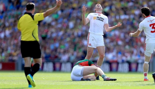 Sean Cavanagh is sent off for a challenge on Aidan O'Shea