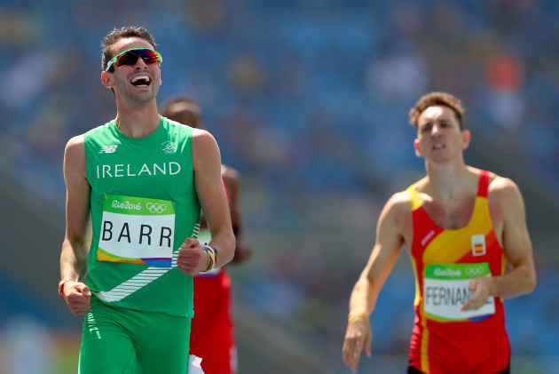 Thomas Barr celebrates after his heat