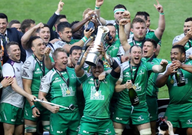 Connacht’s Bundee Aki lifts the trophy