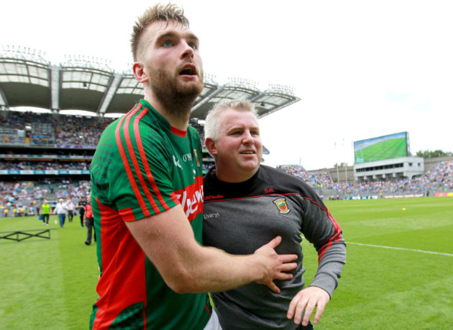 Aidan O'Shea and Stephen Rochford celebrate at the final whistle