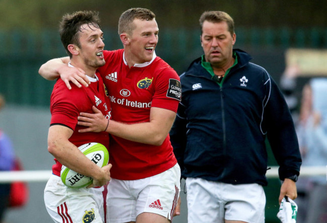 Darren Sweetnam celebrates his try with Stephen Fitzgerald