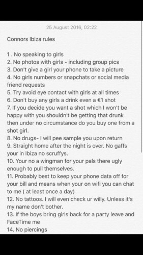This girl drew up an insane list of 20 rules for her boyfriend ahead of his lads' holiday