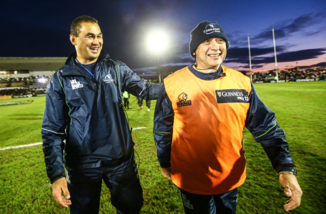 Pat Lam celebrates with skills coach Dave Ellis