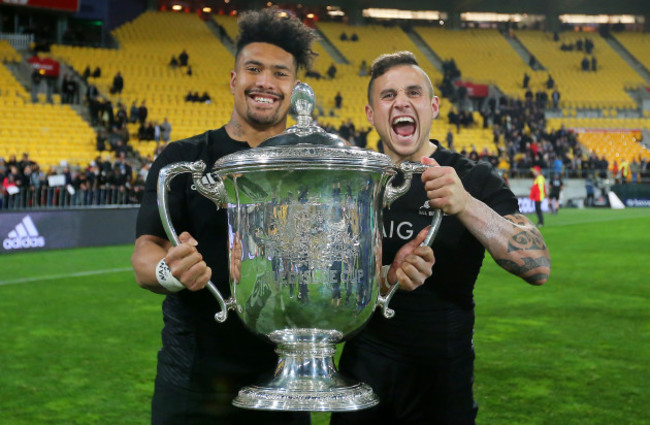 Ardie Savea  TJ Perenara celebrate with the Bledisloe Cup