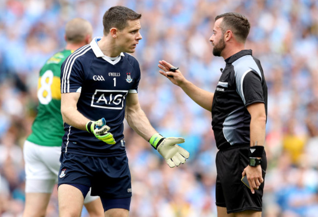 Stephen Cluxton argues with Referee David Gough after conceding the second goal