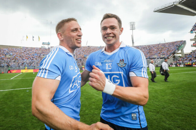 Eoghan O&rsquo;Gara and Dean Rock celebrate after the game