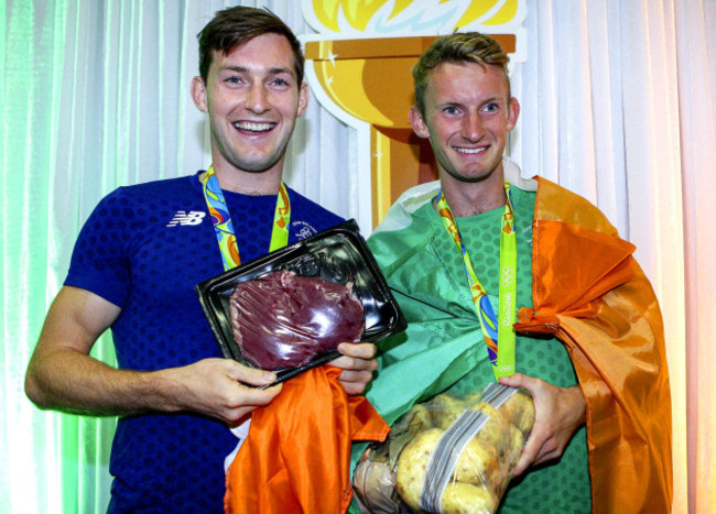 Paul and Gary O'Donovan with the steak and spuds presented to them from Gary Spike O'Sullivan