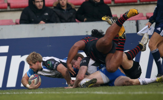 Fionn Carr reaches for the line just before the ruck from which Kieran Marmion scored the winning try