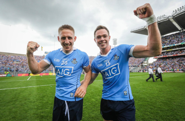 Eoghan O&rsquo;Gara and Dean Rock celebrate after the game