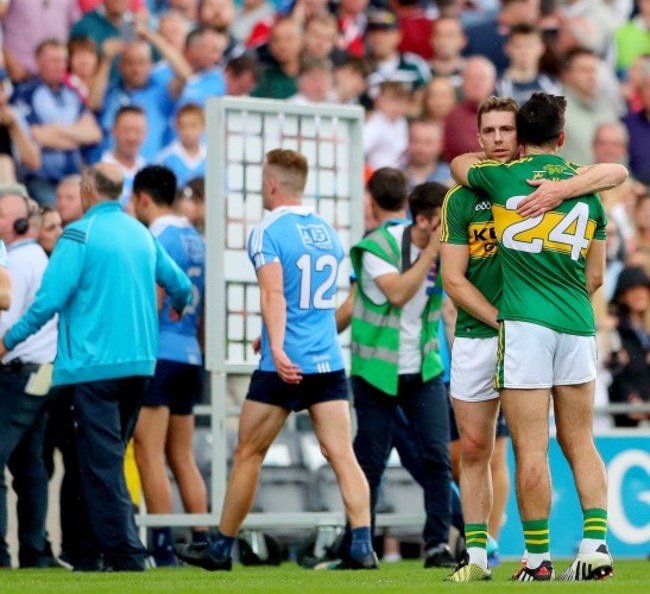 Marc Ó Sé and Aidan O’Mahony at the final whistle