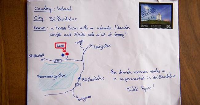 Without an address, an Icelandic tourist drew this map of the intended location (Búðardalur) and surroundings on the envelope. The postal service delivered!