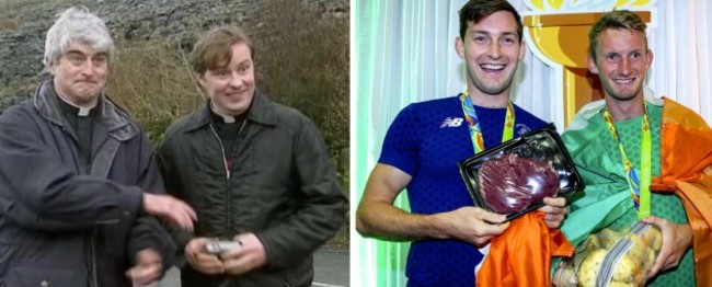 Paul and Gary O'Donovan with the steak and spuds presented to them from Gary Spike O'Sullivan