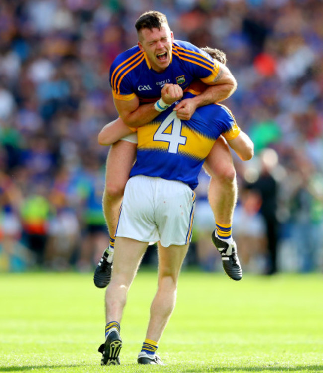 Padraic Maher and Michael Cahill celebrate at the final whistle