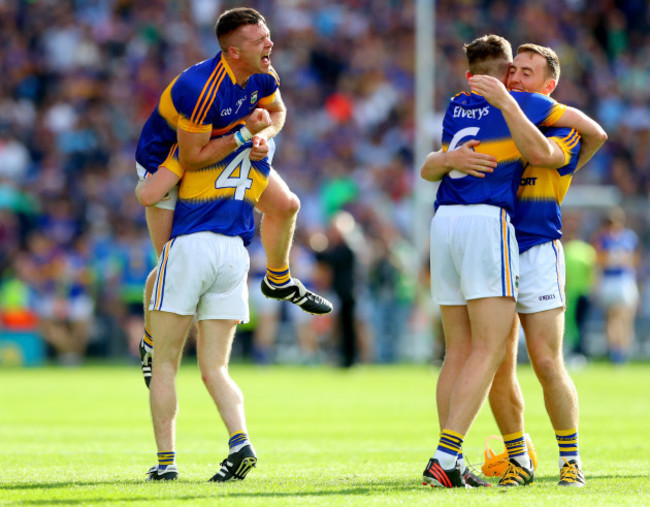 Padraic Maher, Michael Cahill, Ronan Maher and John O’Keefe celebrate at the final whistle