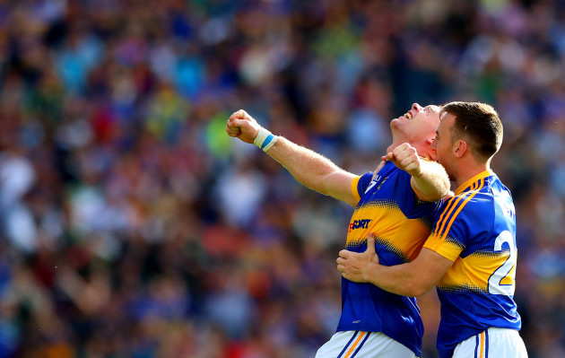 Padraic Maher celebrates after the game with John O’Keefe