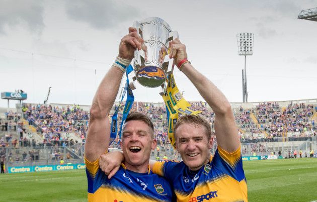Padraic Maher and Noel McGrath celebrate with the Liam McCarthy Cup