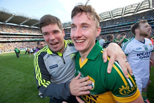 Kerry Manager Eamonn Fitzmaurice celebrates with James O’Donoghue