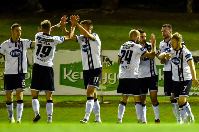 Ciaran Kilduff celebrates scoring a goal with teammates