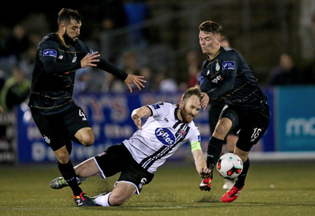 Stephen O'Donnell is fowled with Dean Clarke and David Webster