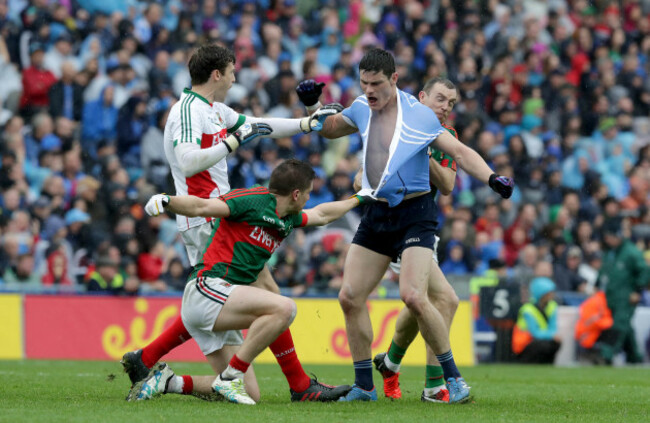 Diarmuid Connolly with Lee Keegan, Keith Higgins and goalkeeper David Clarke
