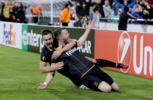 Ciaran Kilduff celebrates scoring a goal with Robbie Benson