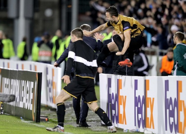 Patrick McEleney and Robbie Benson celebrate the final whistle