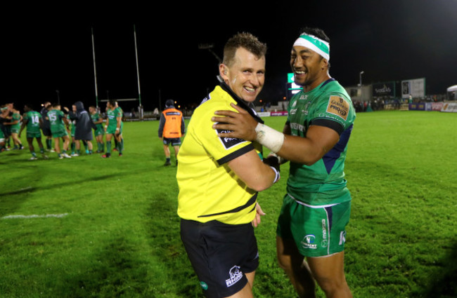 Bundee Aki chats to referee Nigel Owens after the game