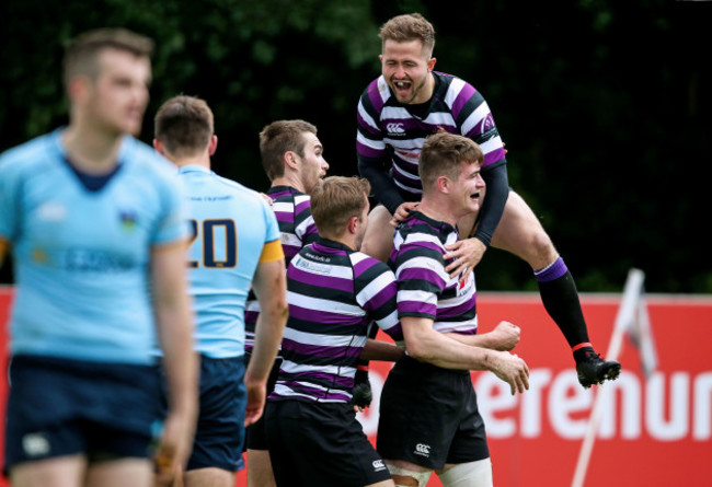 Stephen OÕNeill celebrates with Robert Duke after his try