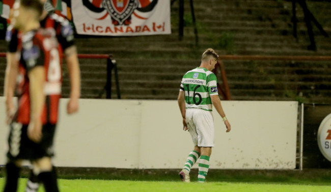 Shamrock Rovers' Patrick Cregg leaves the pitch after being a second yellow card