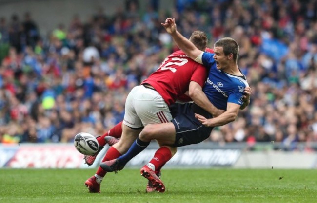 Leinster&rsquo;s Jonathan Sexton is tackled by Munster&rsquo;s Rory Scannell