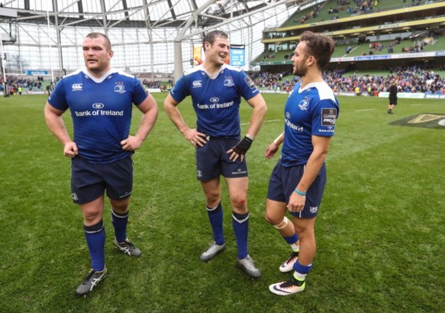 Leinster’s Jack McGrath with  Robbie Henshaw and Jamison Gibson-Park  after the match