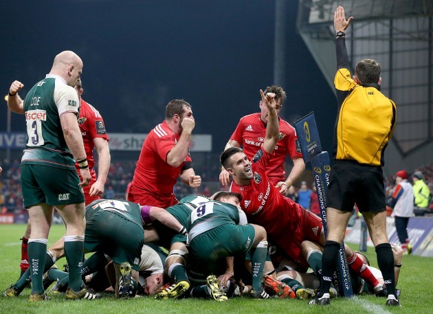 Conor Murray celebrates scoring a try