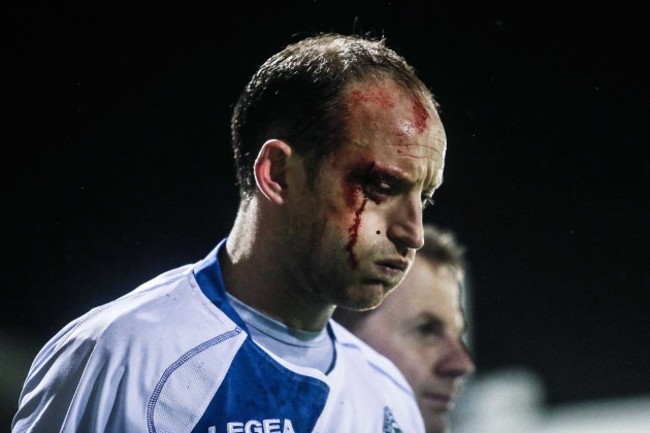 Mickey Funston dejected as he is taken off due to a blood injury