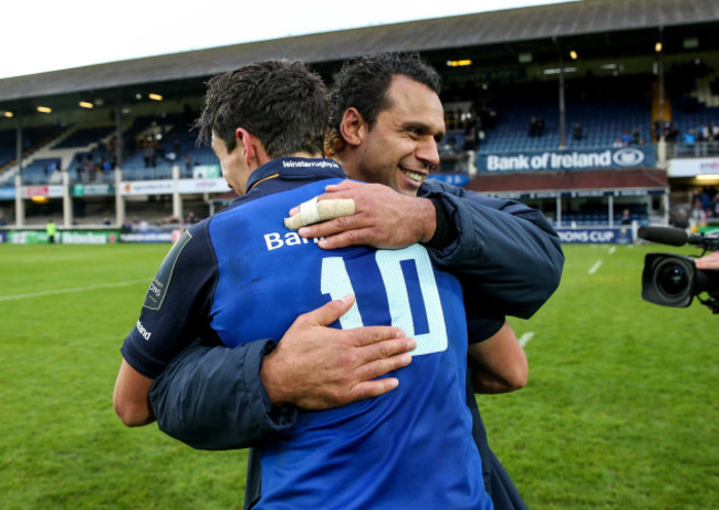 Joey Carbery and Isa Nacewa celebrate after the game