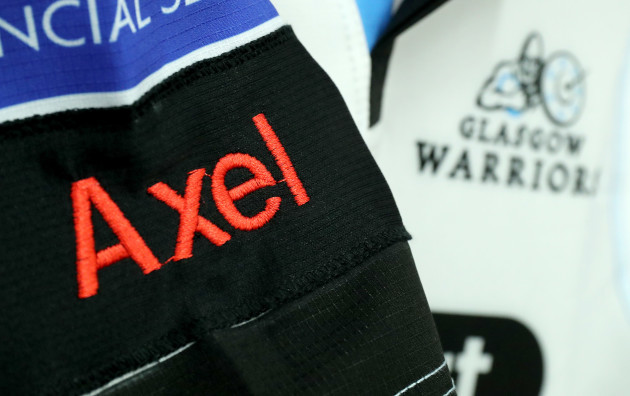 A view of an embroidered Glasgow Warriors jersey in tribute to the late Munster Head Coach Anthony Foley
