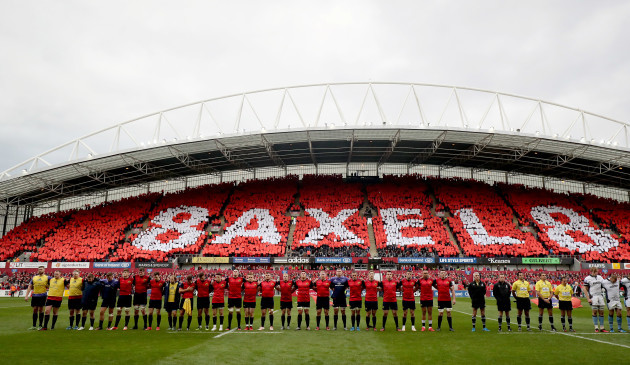 A view of Thomond Park as the two teams stand for a minutes silence in memory of Anthony Foley