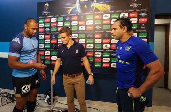 Montpellier’s captain Akapusi Qera with referee Luke Pearse and Leinster’s captain Isa Nacewa at the coin toss