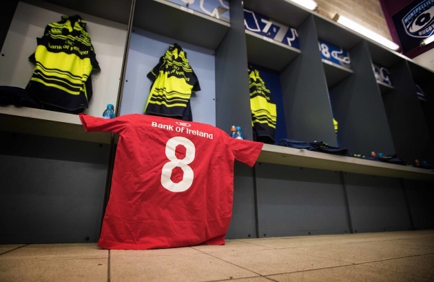 The Leinster changing room before the match with a training jersey in tribute to the Munster Head Coach Anthony Foley