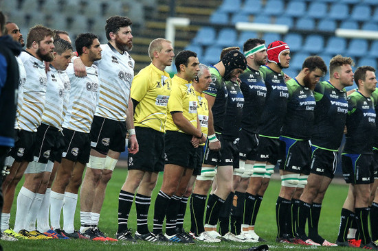 The Connacht and Zebre teams observe a minutes silence for the late Munster Head Coach Anthony Foley