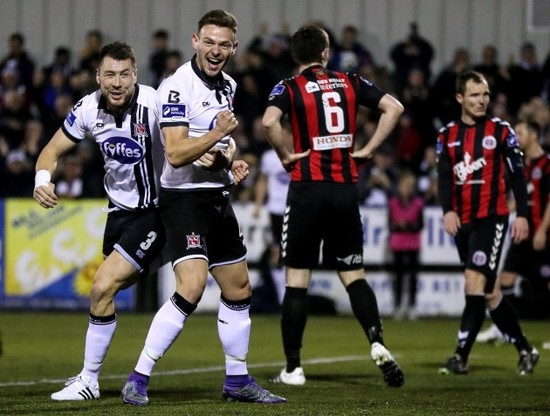 Andy Boyle celebrates scoring a goal with Brian Gartland