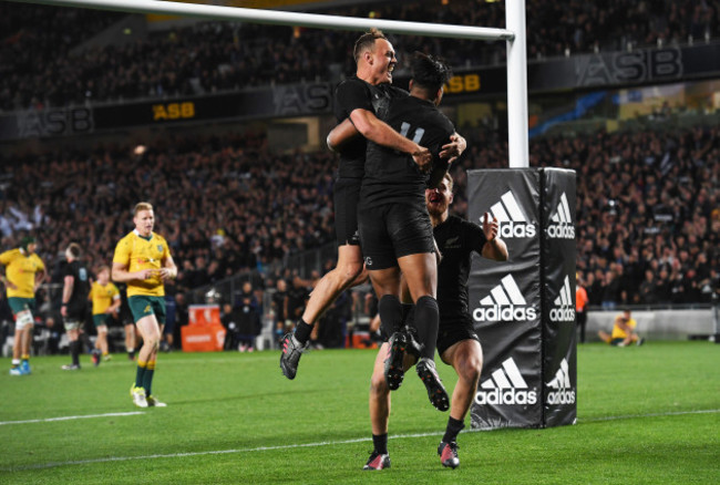 Julian Savea celebrates his try with Israel  Dagg