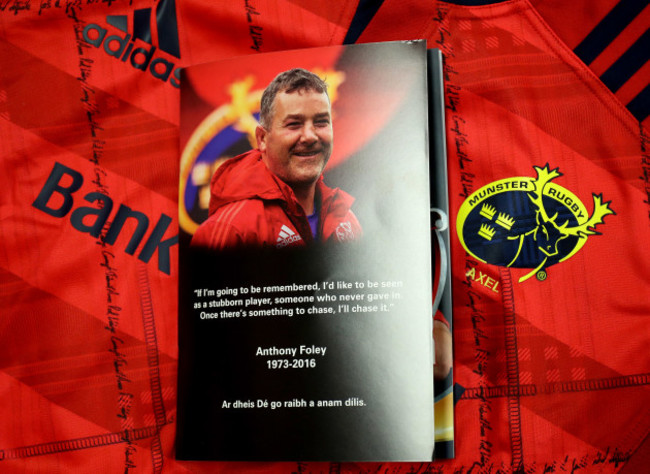 A view of the match day programme with a tribute to the late Munster Head Coach Anthony Foley