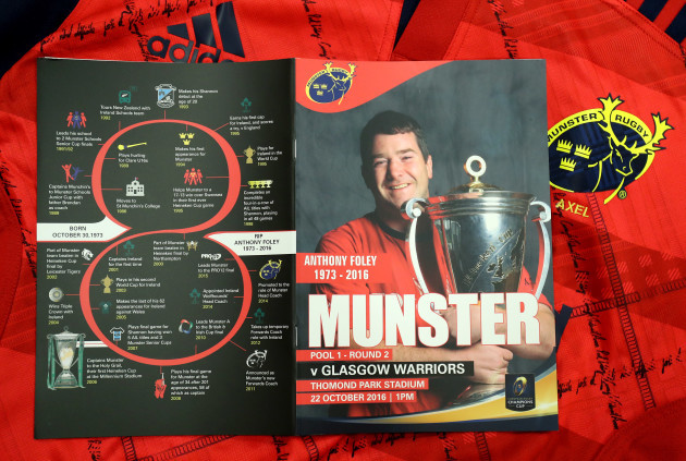 A view of the match day programme listing the achievements of the late Munster Head Coach Anthony Foley