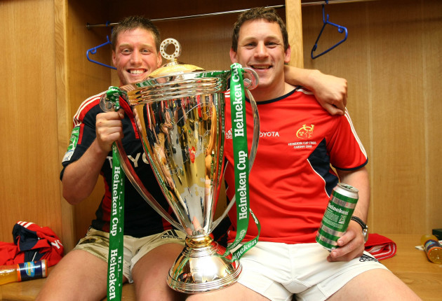 Ronan O'Gara and Jason Holland in the changing room with the Heineken Cup Trophy