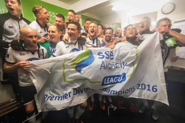 Dundalk celebrate winning the league in the dressing rooms after the game