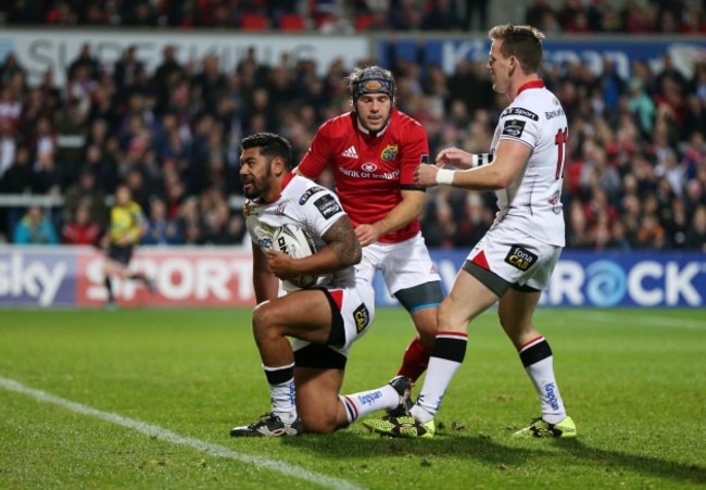 Charles Piutau celebrates his side's first try with Craig Gilroy